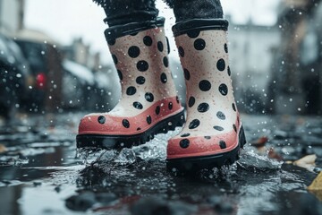 Child wearing pink and white polka dot rain boots jumping in a puddle on a rainy autumn day in the city
