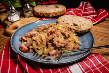 Stewed onion with sausage.