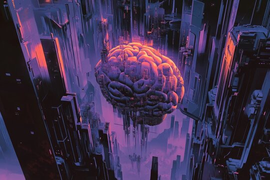 A giant brain-like structure floats within a futuristic, cyberpunk city, glowing with neon lights.