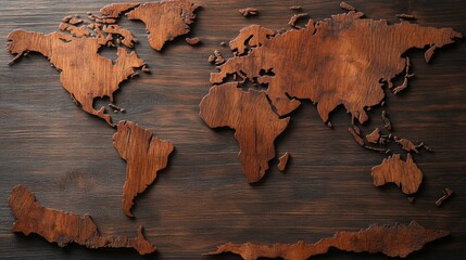 Dark brown wooden world map intricately carved into matching wood background showcasing rich texture and craftsmanship for stunning decor and art lovers