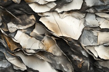 Abstract rock formation with layered textures in shades of white, gray, and black.