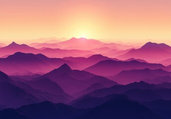 紫色の山々に昇る朝日が幻想的な風景を彩る早朝の情景