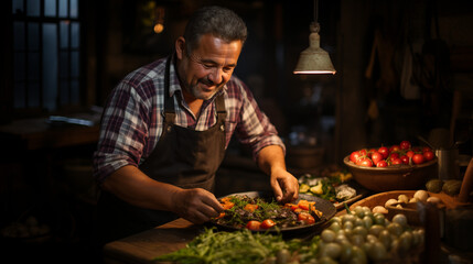middle aged man cooking at kitchen, vegetables around on plates, cosy evening atmosphere, restaurant or cafe concept