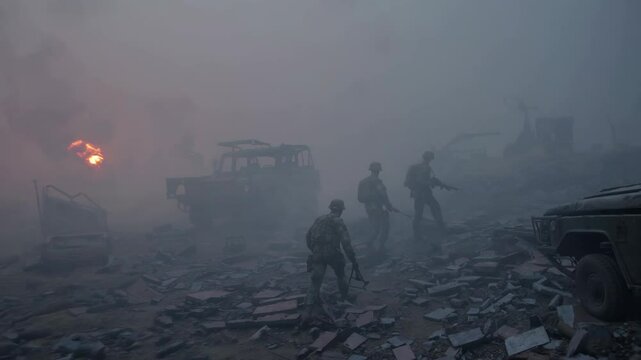 Military personnel moving through smoke filled battlefield, carefully searching debris and ruins while conducting critical rescue operations following intense combat engagement
