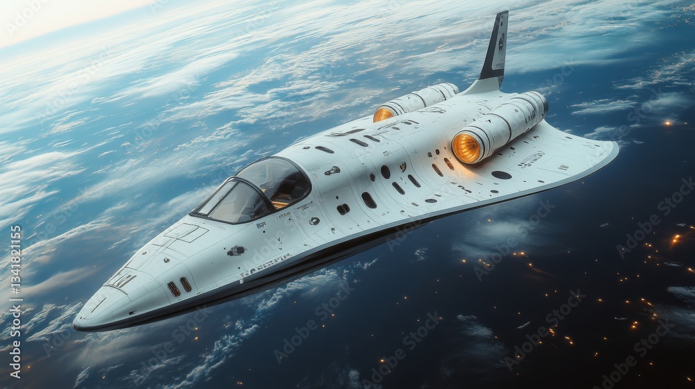 Poster A cutting edge spaceplane equipped with advanced propulsion systems is soaring through the atmosphere at hypersonic speeds.