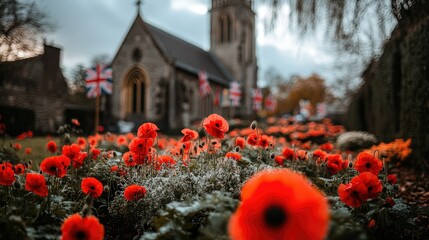 Remembrance poppies, church, flags, autumn, UK, memorial