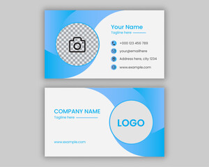 Simple and fresh business card design. Horizontal size. White and sky blue color combination.