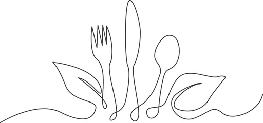 knife, fork and spoon with vegetable leaf in continuous line art drawing style on white background. vector illustration.