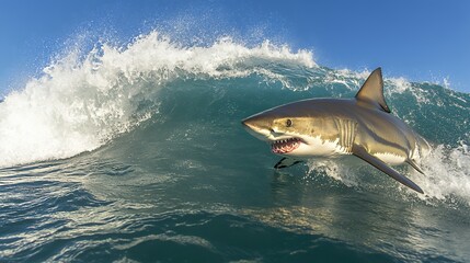 Naklejka premium Shark Swimming Alongside Wave Captured in Clear Blue Waters