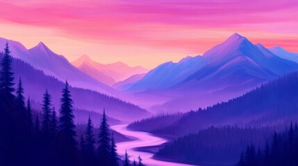 Serene twilight landscape with a winding river, majestic mountains, and vibrant sky hues