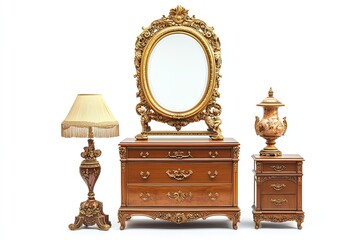 Elegant gold-trimmed mirror a wooden dresser and a decorative lamp are shown isolated on a white