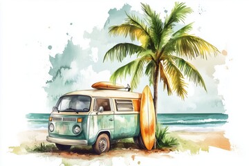 Travel van at the beach with surf board and palm tree.Trendy summer illustration.Hawaiian aloha van and coconut tree.Painted with watercolor.