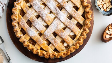 Top down view of Italian sweet ricotta pie lattice crust garnished with powdered sugar and sliced almonds