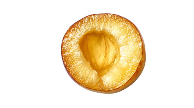 The image showcases a halved apricot exposing its inner seed, with vibrant colors and detailed textures on a stark background.