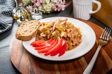 Stewed onion with sausage.
