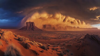 Fototapeta premium Dramatic sunset over Monument Valley with a massive dust storm approaching.