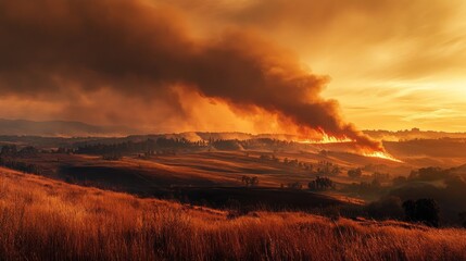 Fototapeta premium Dramatic sunset over wildfire burning across dry fields and hills.
