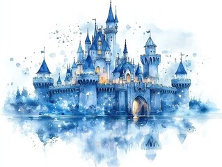 Fototapeta premium Majestic castle on a serene lake fantasy landscape watercolor art dreamlike environment