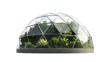 Fototapeta premium A modern glass geodesic dome houses a lush variety of tropical plants and trees, creating an enclosed ecosystem.