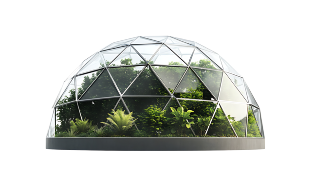 A modern glass geodesic dome houses a lush variety of tropical plants and trees, creating an enclosed ecosystem.