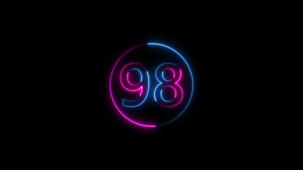 Neon text 98 number icon background. neon glowing countdown number 98, Number 98 Animation. 98 percentage discount animated.