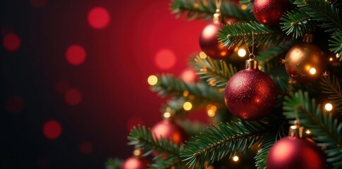 Elegant Christmas tree, shimmering ornaments, red bokeh glow , christmas lights, holiday, christmas tree