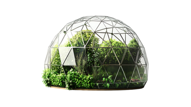 The image showcases a geodesic dome greenhouse brimming with various plants, highlighting sustainable and modern agricultural practices.