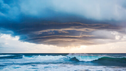 Obraz premium Dramatic storm clouds swirling over the ocean with powerful waves crashing under moody sky. Concept of nature’s power, extreme weather, ocean energy, wild tourism, and coastal landscapes