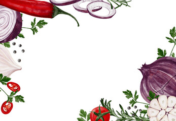 Vegetable frame. Red onion and garlic with herbs and pepper. Watercolor illustration isolated from background. Ingredients for cooking. Template for menu or brochure