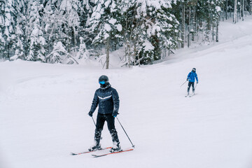 Skiers in equipment ski down the slope of a snowy mountain at the edge of the forest