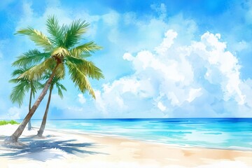 Fototapeta premium Watercolor serene beach landscape featuring palm trees swaying by the ocean under a clear blue sky, hand drawn