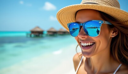 Happy young woman enjoying a sunny day at the beach, wearing aviator sunglasses and a colorful bikini