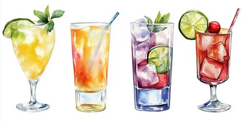 Watercolor set of elegant cocktails png. Cocktails in glass glasses with ice decorated with lime in watercolor style. Alcohol for a party. Vector illustration