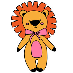 Cartoon lion cub with bow on white background