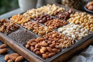Obraz premium Nutritious Assortment of Nuts and Seeds Displayed in Rustic Wooden Bowls for a Healthy Snack Option at a Local Market