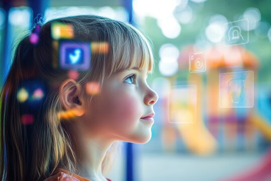 Young girl gazing thoughtfully, social media icons overlaying her, suggesting childhood in digital age. - Powered by Adobe
