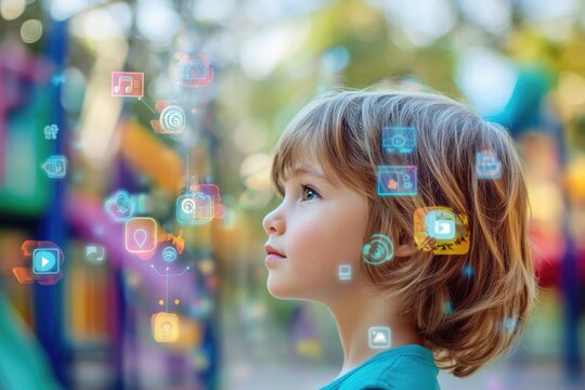 A young child in a park, surrounded by digital icons representing the digital world's influence on early childhood.