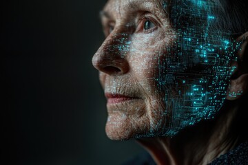 An elderly woman's face superimposed with a digital circuit board, symbolizing technology and aging.