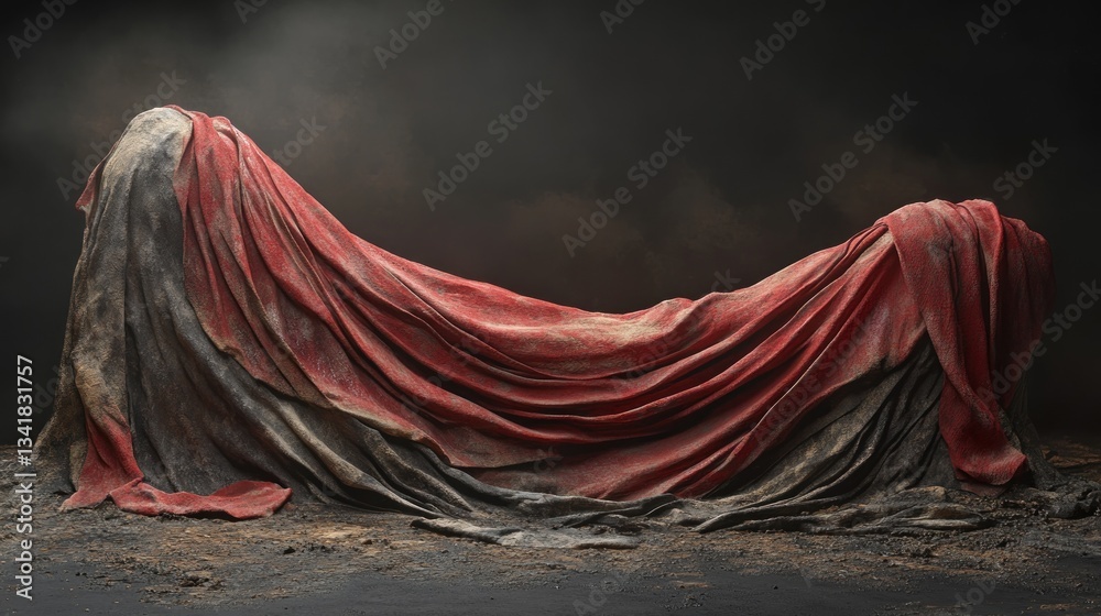 Poster dusty red cloth draped over a dark, mysterious object on a ground.