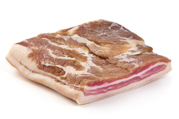 Smoked bacon. Streaky brisket slices, isolated on white background.