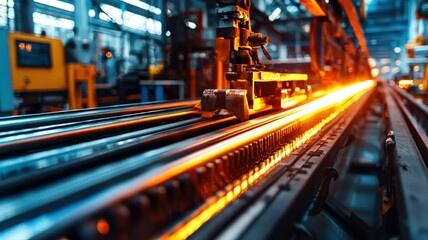 High-speed conveyor moving aluminum billets towards the extrusion press, futuristic production line