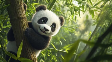 Obraz premium A baby panda climbing a tree in a lush forest, framed by bamboo leaves