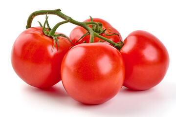 Ripe fresh tomatoes, close-up, isolated on white background.