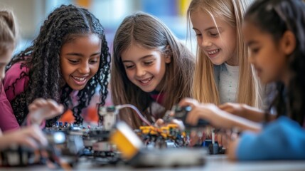 A group of young girls from diverse ethnic backgrounds working on a robotics project in a science classroom excitement and curiosity in their expressions