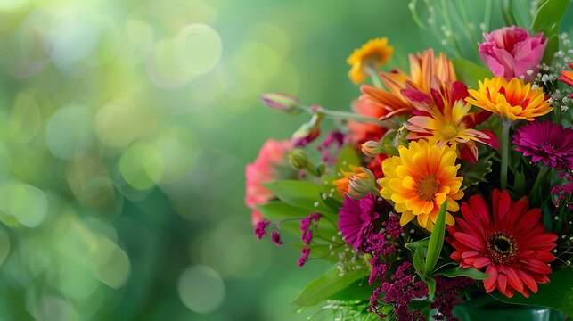 A vibrant bouquet of mixed flowers placed on a lush green background, with plenty of space for text. - Powered by Adobe
