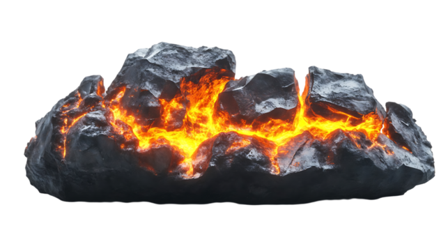 The image depicts a dark rock formation with bright orange and yellow lava glowing through cracks, suggesting volcanic activity.