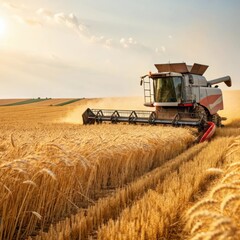 Fototapeta premium Harvester working in a golden wheat field under a bright sunset sky