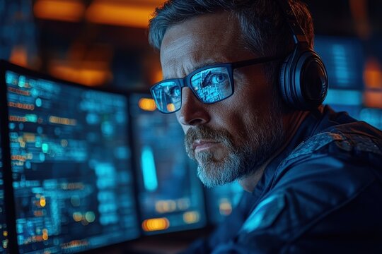 Incident Response Manager Coordinating Cybersecurity Efforts During a Crisis at a Control Center in a High-Tech Environment