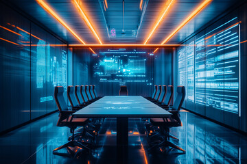 Futuristic meeting room with advanced technology for employee collaboration
