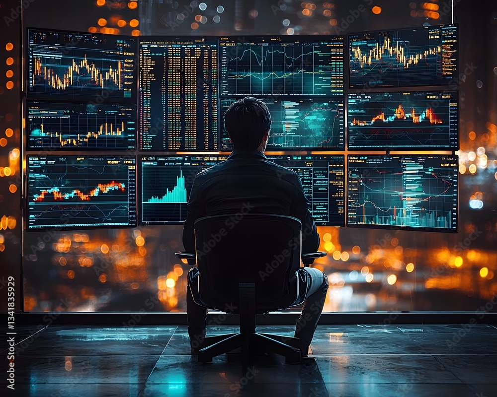 Poster trader analyzing financial data on multiple screens